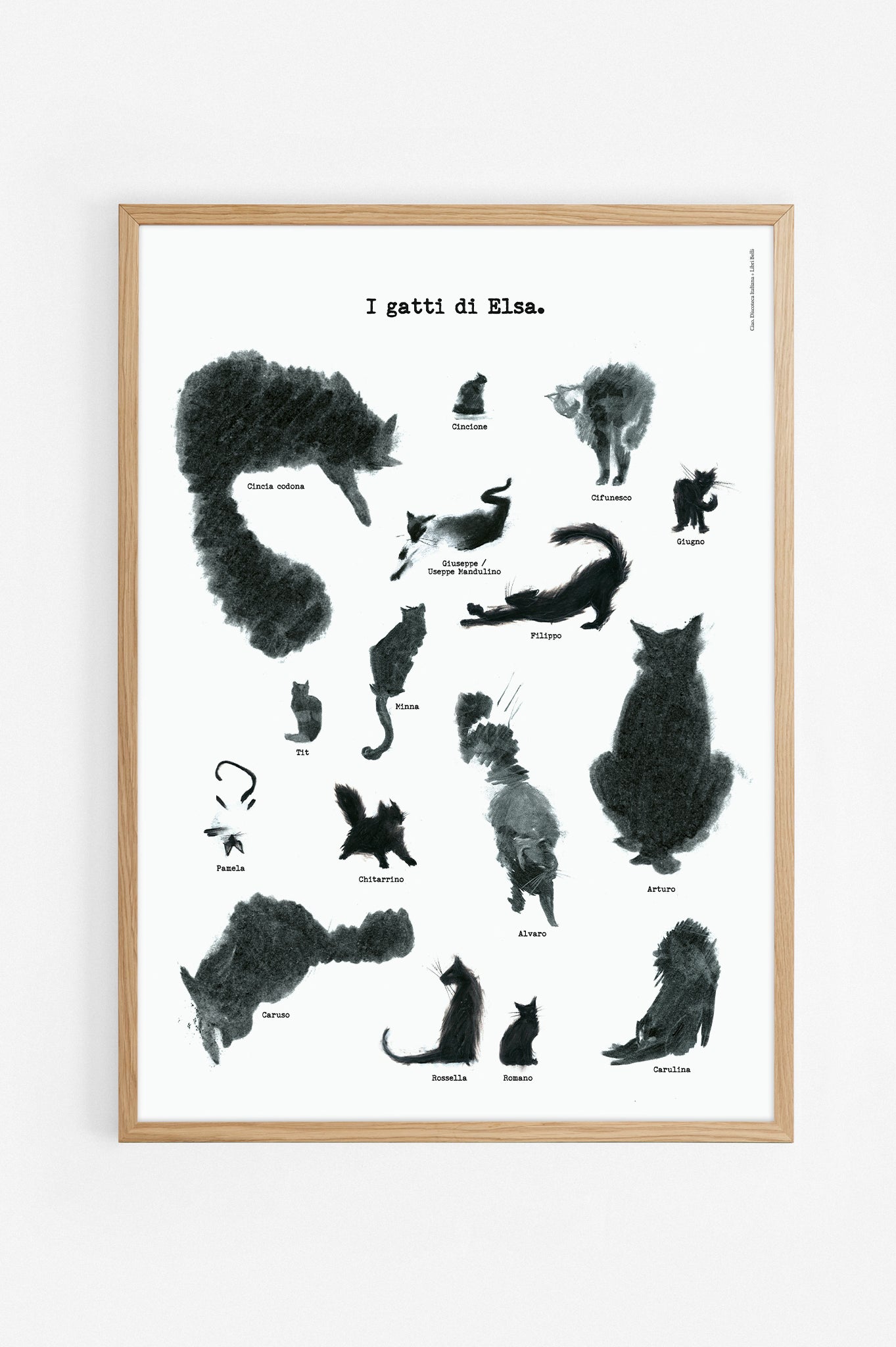 Poster Elsa Morante, I Gatti. Versione con cornice in rovere naturale. Manifesto in omaggio alla scrittrice con i disegni e i nomi dei suoi gatti.
