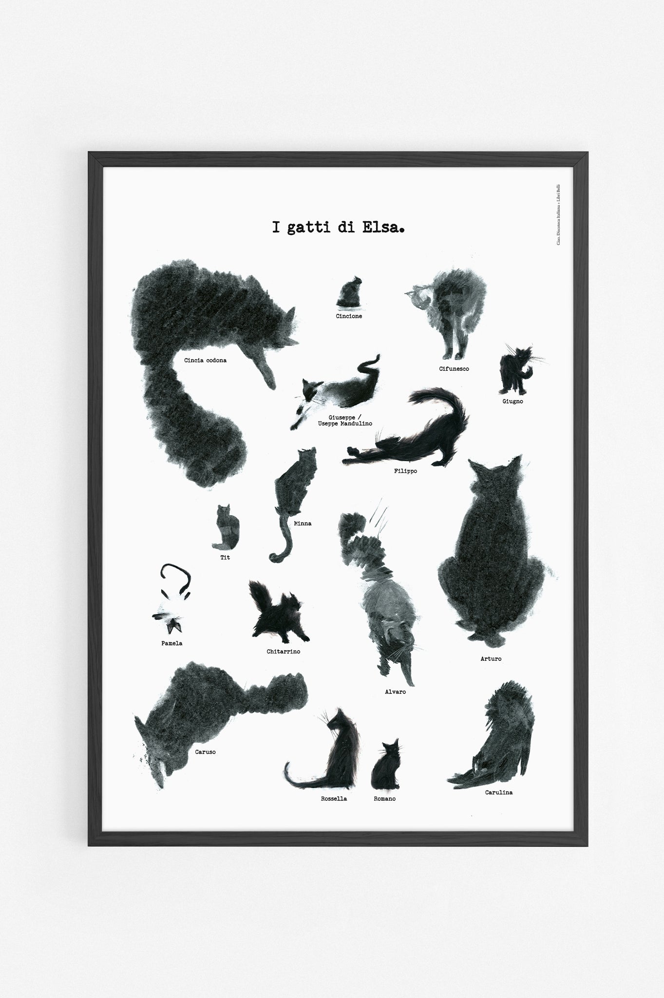 Poster Elsa Morante, I Gatti. Versione con cornice in rovere nera. Manifesto in omaggio alla scrittrice con i disegni e i nomi dei suoi gatti.