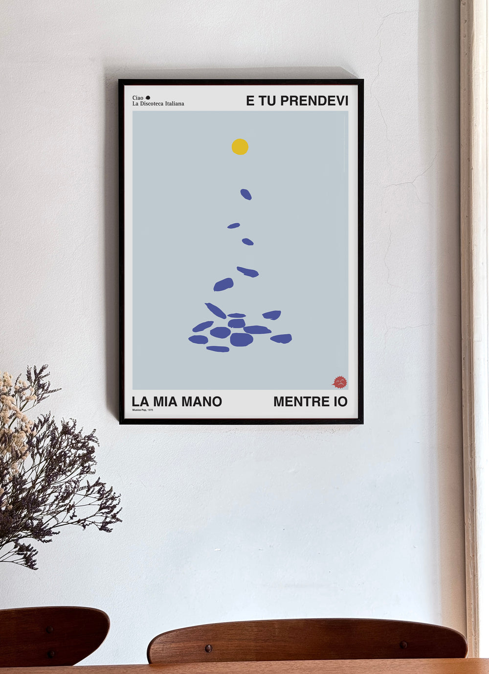 Poster della canzone Sfiorivano le viole di Rino Gaetano. Scritta "E tu prendevi la mia mano mentre io" con grafica. Cornice nera.