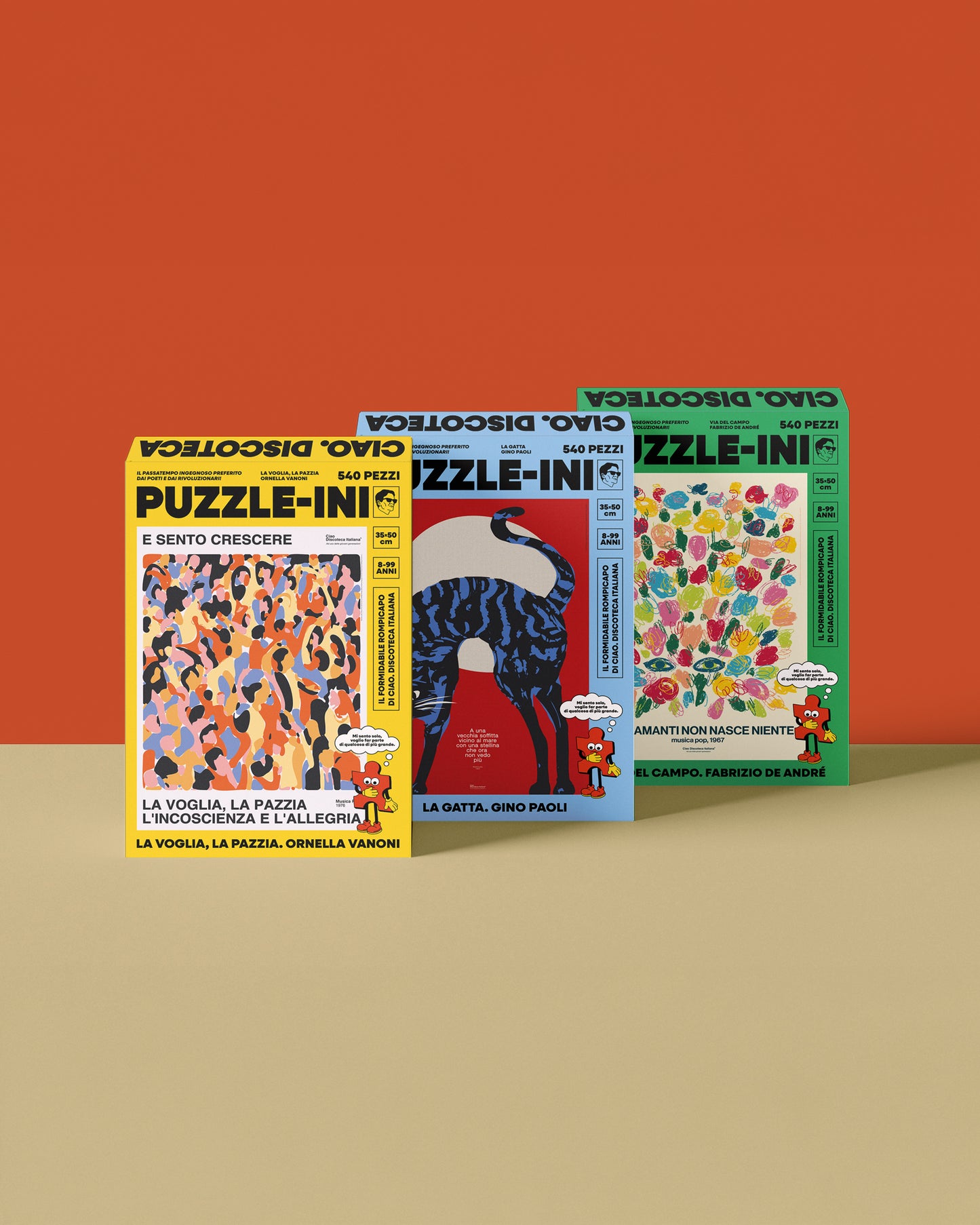 Tre scatole di Puzzle-ini, i puzzle di Ciao Discoteca Italiana.