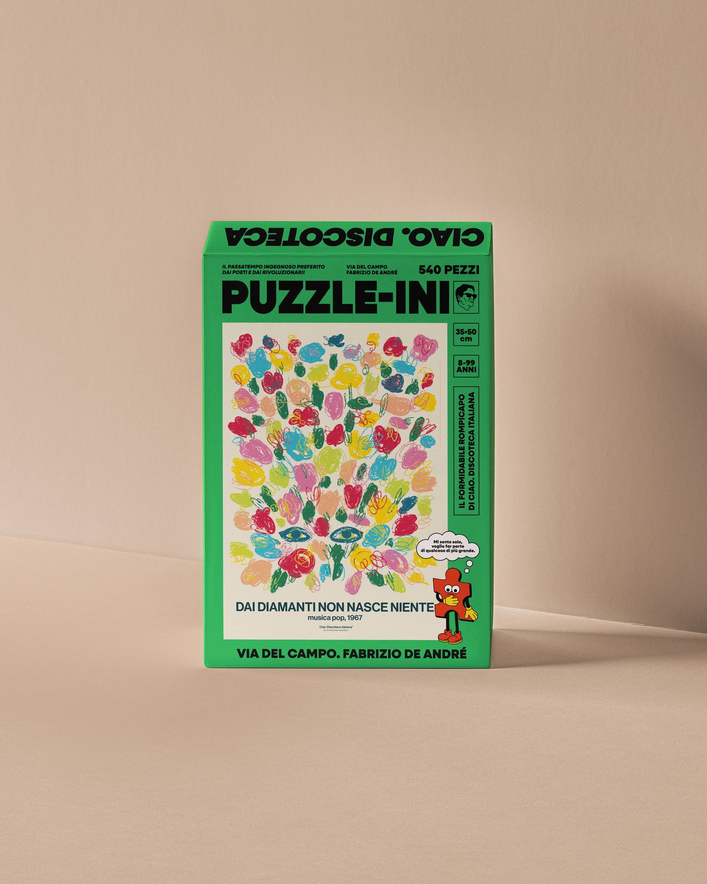 Scatola del Puzzle-ino "Via del Campo" di Fabrizio De André. Scopri la serie di puzzle di Ciao Discoteca Italiana.